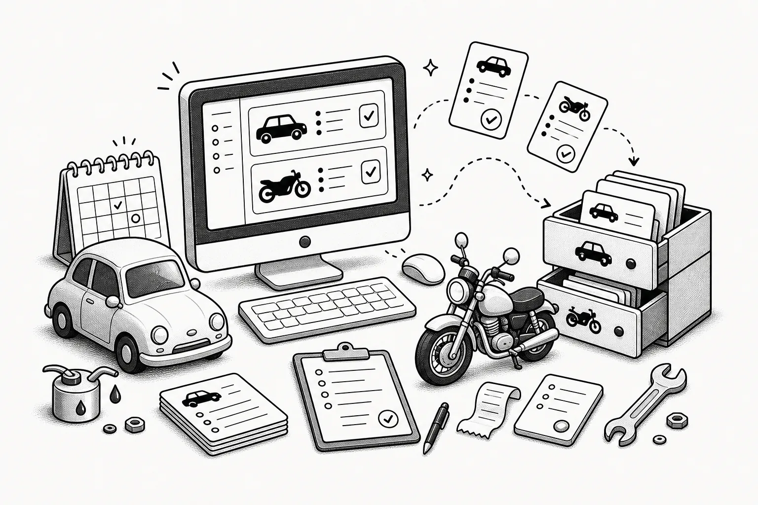 Playful Car & Motorcycle Manager illustration inspired by the build concept