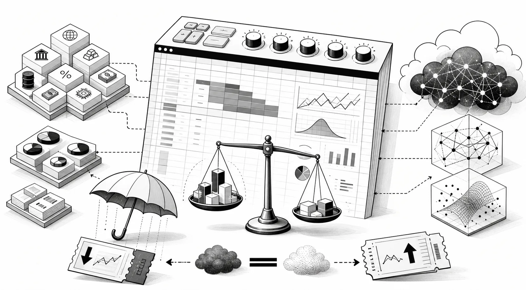 Playful Fund Risk Management and Hedging Calculator illustration inspired by the build concept