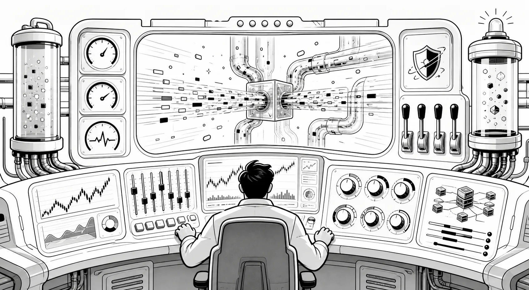 Playful High-Frequency Trading Monitor Toolkit illustration inspired by the build concept