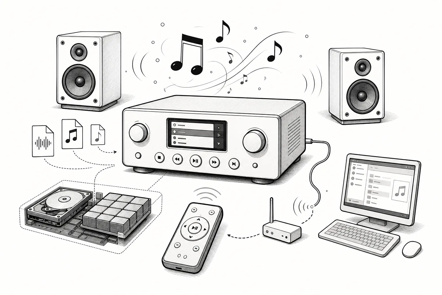 Playful MP3 Home Player illustration inspired by the build concept