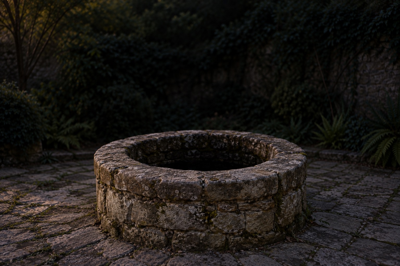 An old stone wishing well in a quiet, ivy-covered garden