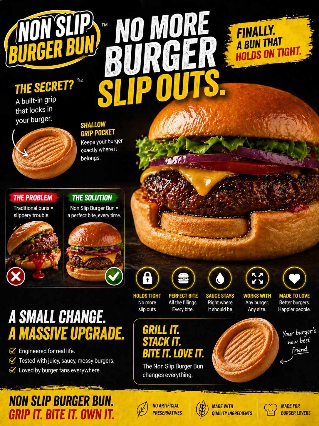 Non-Slip Burger Buns poster describing the grip pocket concept