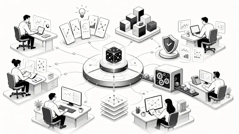 Monochrome illustration of an integrated equity research platform