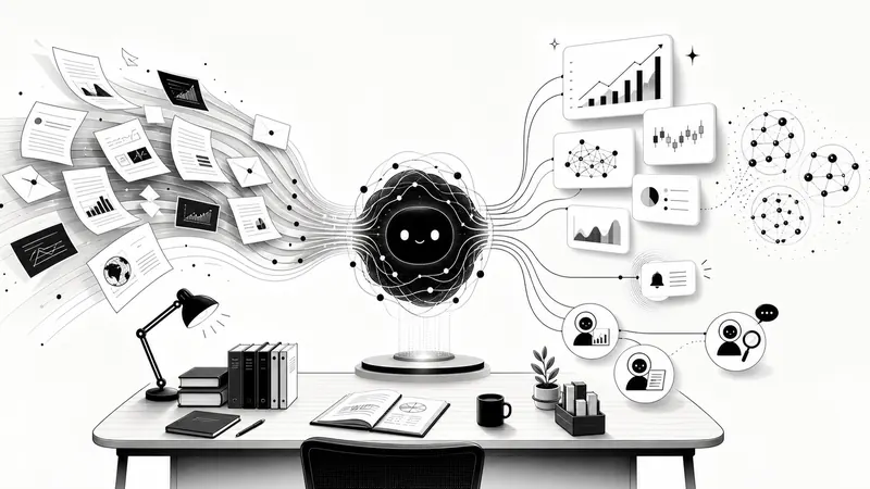 Monochrome illustration of AI-assisted institutional research