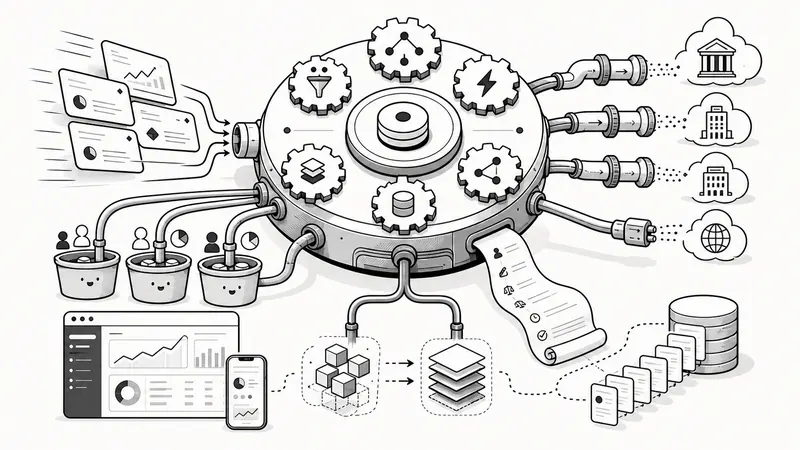 Monochrome illustration of the HEDGD order-management platform