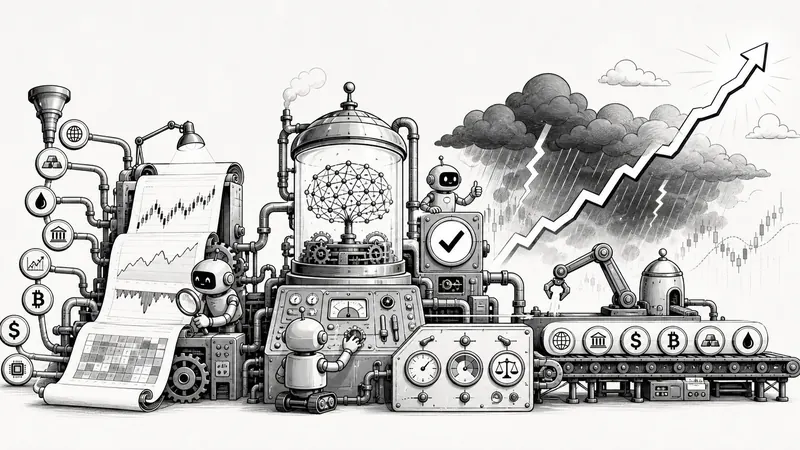 Monochrome illustration of an automated systematic trading strategy